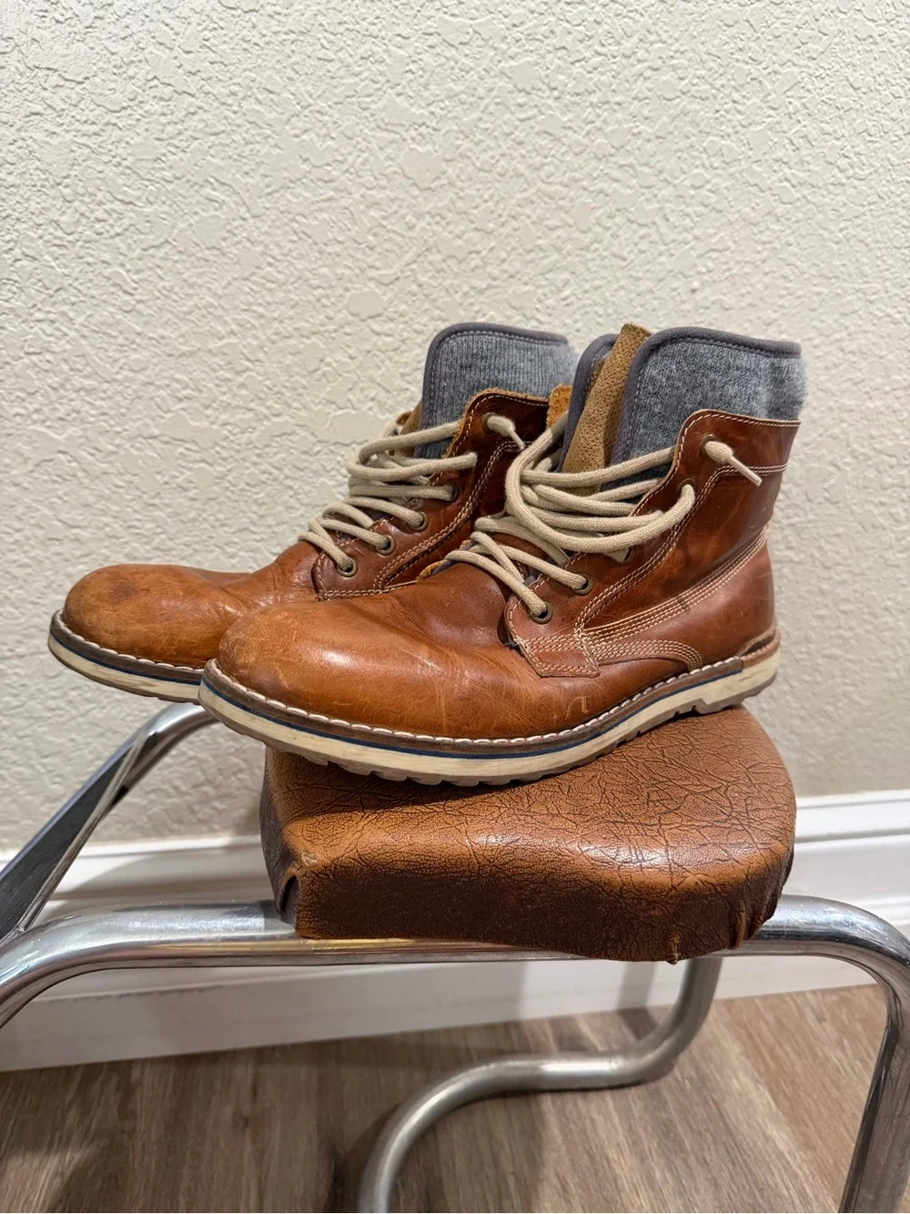 Aldo Tan Distressed Leather Chukka Boots with Gray Knit Collar